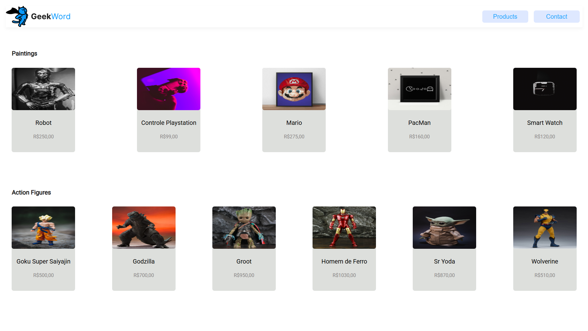 E-commerce geek com renderização dinâmica de produtos e lógica de filtragem por categorias via JavaScript e DOM.