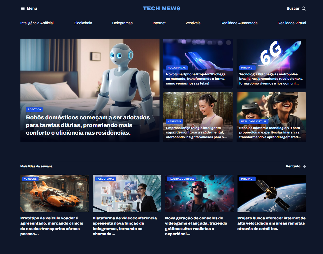 Layout estruturado de portal de notícias com foco em hierarquia visual, tipografia e organização de conteúdo responsivo