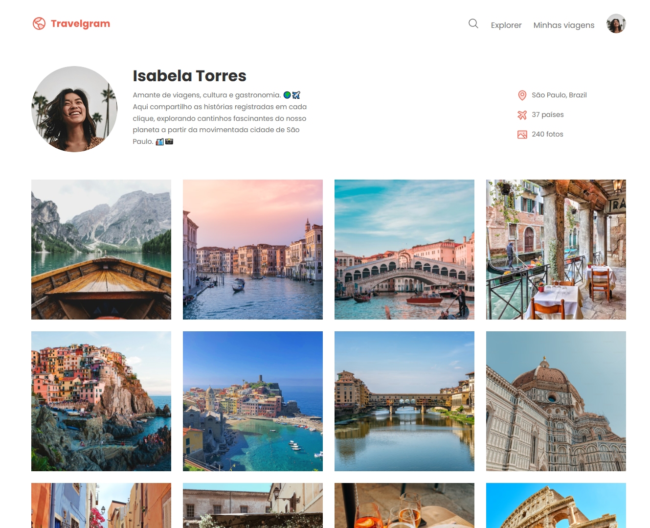 Rede social onde as pessoas mostram os registros de suas viagens pelo mundo com foco em design limpo e moderno