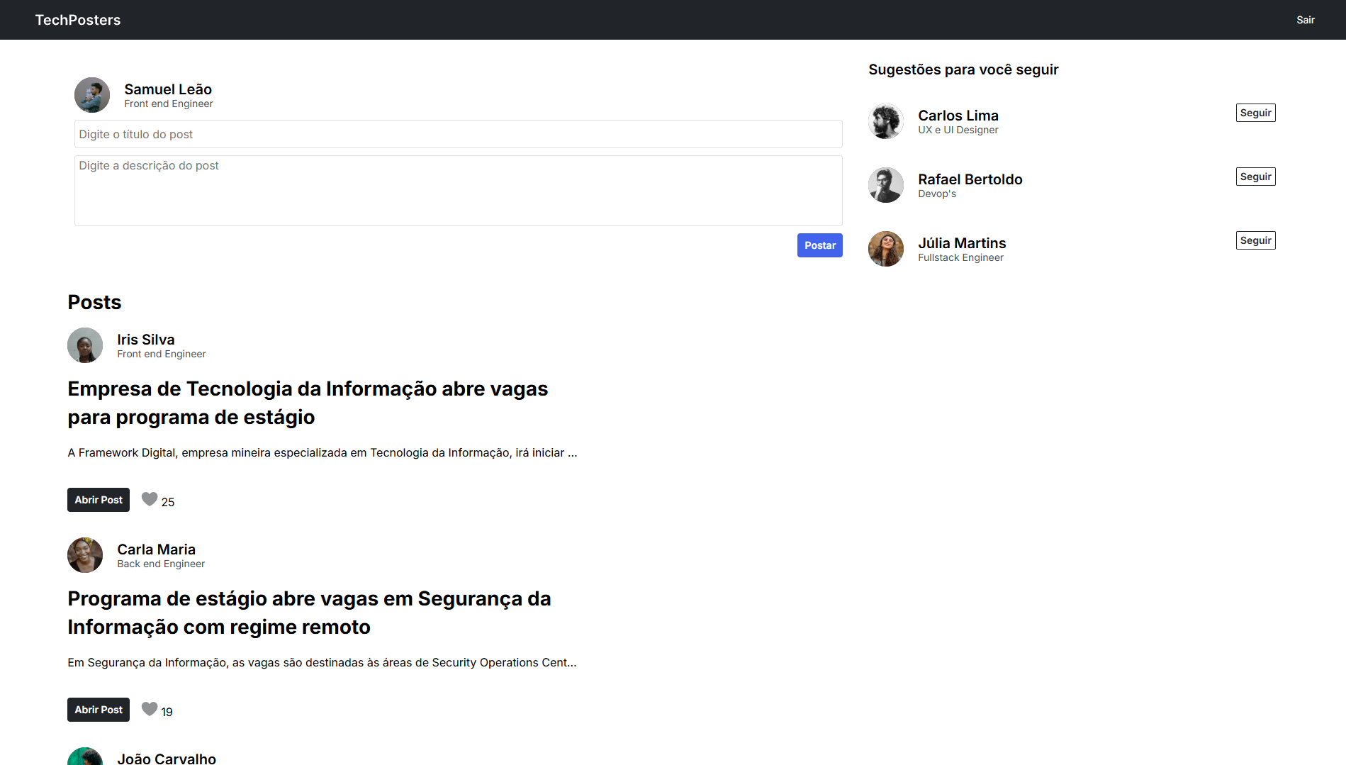 Interface de rede social responsiva com feed dinâmico e interações em tempo real utilizando JavaScript e Flexbox